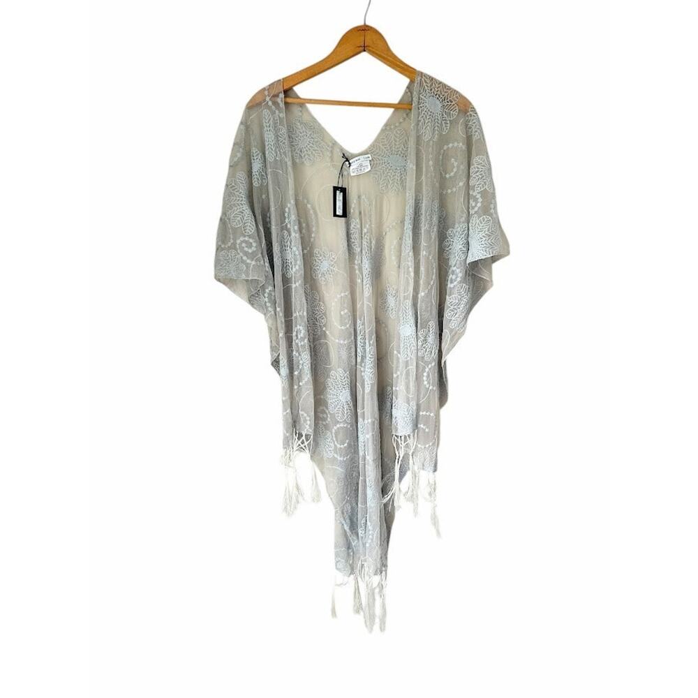 CrossTree Lane Sheer Embroidered Mesh Lace Kimono Boho Fairy Fringe Gray‎ OS